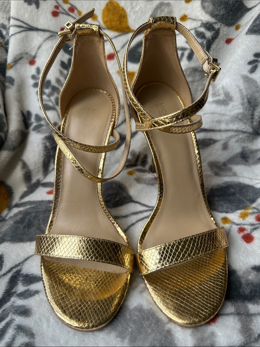 MICHAEL Michael Kors Gold Metallic Snake-Texture Ankle-Strap Heels